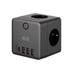 Адаптер мережевий 2E 3xТипF, 16A, 2xUSB-A, 1x USB-C фільтр, чорний 2E-AD431BK