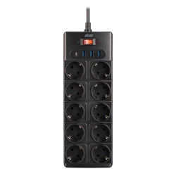 Подовжувач мережевий 2E 3м, 10xТипF, 16A, 3xUSB-A, 1xUSB-C, фільтр, чорний 2E-SP10M3USBBK