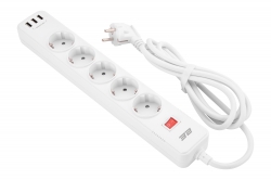 Удлинитель-фильтр сетевой 2E 5xТип F, 3x1.5мм кв, 16A, 3xUSB-A, с защитой от перенапряжения, 2м, белый 2E-SP515M2USBWH