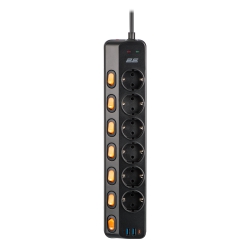 Удлинитель сетевой 2E 3м, 6xТипF, 16A, 2xUSB-A, 1x USB-C фильтр, чёрный 2E-SP6M3SWBK