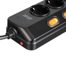 Удлинитель сетевой 2E 3м, 6xТипF, 16A, 2xUSB-A, 1x USB-C фильтр, чёрный 2E-SP6M3SWBK