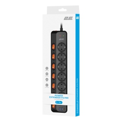 Удлинитель сетевой 2E 3м, 6xТипF, 16A, 2xUSB-A, 1x USB-C фильтр, чёрный 2E-SP6M3SWBK