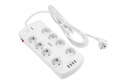 Удлинитель-фильтр сетевой 2E 8xТип F, 3x1.5мм кв, 16A, 4xUSB-A,с защитой от перенапряжения, 3м, белый 2E-SP815M3USBWH