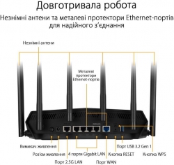 Маршрутизатор ASUS TUF-AX6000 4xGE LAN 1x2.5GE LAN 1x2.5GE WAN 1xUSB3.2 MU-MIMO OFDMA MESH gaming AURA RGB 90IG07X0-MO3C00