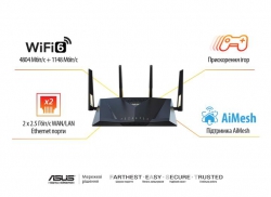 Маршрутизатор ASUS RT-AX88U PRO AX6000, 4xGE LAN, 2.5xGE WAN, 1x2.5GE WAN/LAN, 1xUSB3.2, 1xUSB2.0, MESH, EU-UK 90IG0820-MU9A00