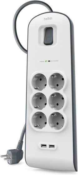 Подовжувач-фільтр мережевий Belkin 6хТип F, 3x1.5мм кв, 16А, 2xUSB-A 2.4A, з захистом від перенапруги, 2м, білий BSV604VF2M-V2