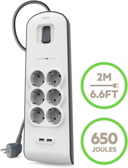 Подовжувач-фільтр мережевий Belkin 6хТип F, 3x1.5мм кв, 16А, 2xUSB-A 2.4A, з захистом від перенапруги, 2м, білий BSV604VF2M-V2