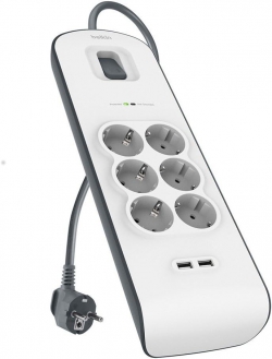 Подовжувач-фільтр мережевий Belkin 6хТип F, 3x1.5мм кв, 16А, 2xUSB-A 2.4A, з захистом від перенапруги, 2м, білий BSV604VF2M-V2