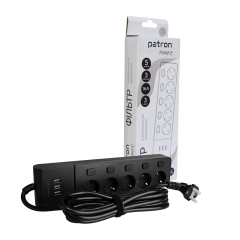 Фильтр сетевой 5 розеток + 3 х USB, 3 м, 16 А, 250 В, черный Patron Power (SP1653-USB) EXT-PN-SP-1653-USB