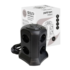 Фільтр мережевий 8 розеток + 2 х USB, 2 x USB-C, вежа, 3 м, 16 А, 250 В, чорний Patron Power (SP-1683-USBT) EXT-PN-SP-1683-USBT