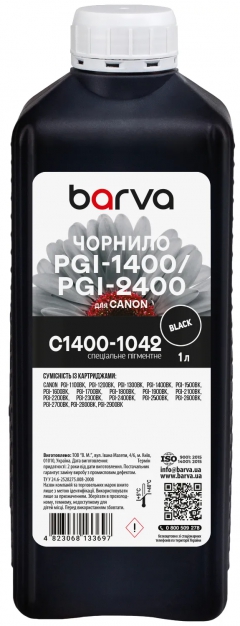 Чорнило для Canon PGI-1400/PGI-2400 BK спеціальне 1 л, пігментне, чорне Barva (C1400-1042) I-BARE-C1400-1-B-P
