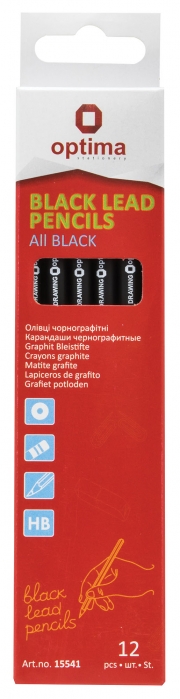 Карандаш чернографитный Optima All BLACK HB корпус черный, заточенный, с резинкой O15541
