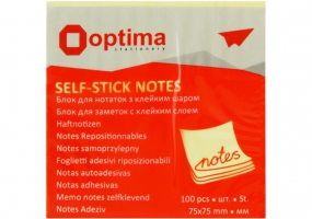 Блок для нотаток з клейким шаром 75х75 мм Optima, 100 арк., жовтий O25503