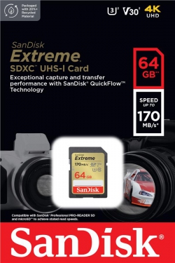 Карта памяти SanDisk SD   64GB C10 UHS-I U3 R170/W80MB/s Extreme V30 SDSDXV2-064G-GNCIN
