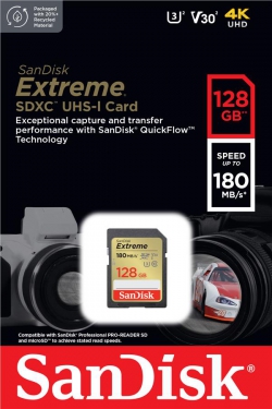 Карта памяти SanDisk SD  128GB C10 UHS-I U3 R180/W90MB/s Extreme V30 SDSDXVA-128G-GNCIN