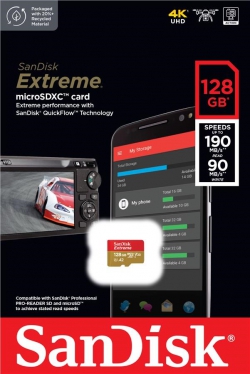 Карта памяти SanDisk microSD  128GB C10 UHS-I U3 R190/W90MB/s Extreme V30 SDSQXAA-128G-GN6MN