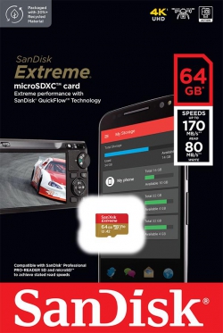 Карта памяти SanDisk microSD   64GB C10 UHS-I U3 R170/W80MB/s Extreme V30 SDSQXAH-064G-GN6MN