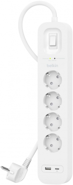 Подовжувач-фільтр мережевий Belkin 4хТип F, 3x1.5мм кв, 16А, USB-A/USB-C 18Вт, з захистом від перенапруги, 2м, білий SRB001VF2M