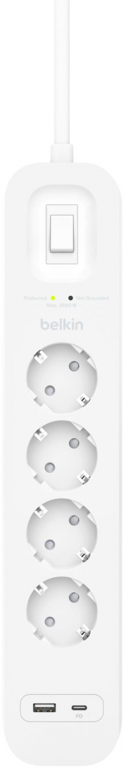 Подовжувач-фільтр мережевий Belkin 4хТип F, 3x1.5мм кв, 16А, USB-A/USB-C 18Вт, з захистом від перенапруги, 2м, білий SRB001VF2M