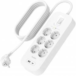 Удлинитель-фильтр сетевой Belkin 6хТип F, 3x1.5мм кв, 16А, USB-A/USB-C 18Вт, защитой от перенапряжения, 2м, белый SRB002VF2M