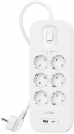 Удлинитель-фильтр сетевой Belkin 6хТип F, 3x1.5мм кв, 16А, USB-A/USB-C 18Вт, защитой от перенапряжения, 2м, белый SRB002VF2M