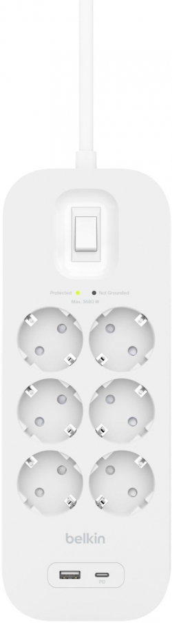 Удлинитель-фильтр сетевой Belkin 6хТип F, 3x1.5мм кв, 16А, USB-A/USB-C 18Вт, защитой от перенапряжения, 2м, белый SRB002VF2M