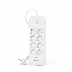 Подовжувач мережевий Belkin 2м, 8хТип, 16А, USB-A/USB-C 18Вт, фільтр, білий SRB003VF2M-V2