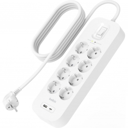 Удлинитель-фильтр сетевой Belkin 8хТип F, 3x1.5мм кв, 16А, USB-A/USB-C 18Вт, защитой от перенапряжения, 2м, белый SRB003VF2M
