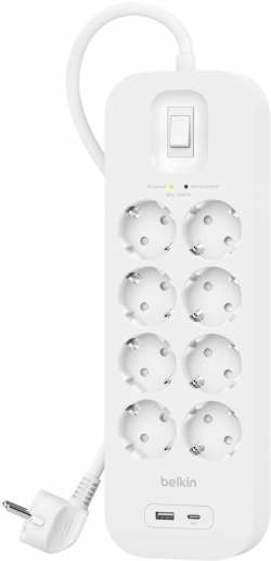 Удлинитель-фильтр сетевой Belkin 8хТип F, 3x1.5мм кв, 16А, USB-A/USB-C 18Вт, защитой от перенапряжения, 2м, белый SRB003VF2M
