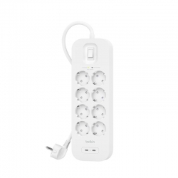 Удлинитель сетевой Belkin 2м, 8хТип, 16А, 2xUSB-С 18Вт, фильтр, белый SRB004VF2M