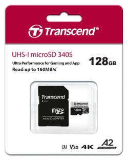 Карта памяти Transcend microSD 128GB C10 UHS-I U3 A2 R160/W125MB/s + SD TS128GUSD340S