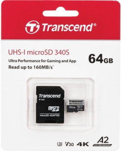 Карта памяти Transcend microSD  64GB C10 UHS-I U3 A2 R160/W80MB/s + SD TS64GUSD340S