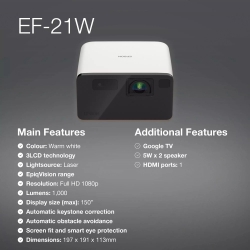 Проєктор Epson EF-21W FHD, 1000 lm, LASER, 1, Google TV, Diamond White V11HB35040