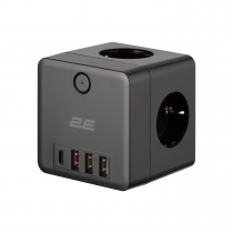 Адаптер сетевой 2E 3xТипF, 16A, 2xUSB-A, 1x USB-C, фильтр, чёрный 2E-AD431BK