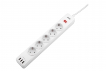 Удлинитель-фильтр сетевой 2E 5xТип F, 3x1.5мм кв, 16A, 3xUSB-A, с защитой от перенапряжения, 2м, белый 2E-SP515M2USBWH