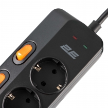 Удлинитель сетевой 2E 3м, 6xТипF, 16A, 2xUSB-A, 1x USB-C фильтр, чёрный 2E-SP6M3SWBK