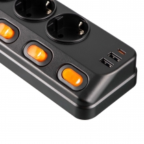 Удлинитель сетевой 2E 3м, 6xТипF, 16A, 2xUSB-A, 1x USB-C фильтр, чёрный 2E-SP6M3SWBK