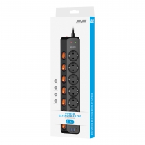 Удлинитель сетевой 2E 3м, 6xТипF, 16A, 2xUSB-A, 1x USB-C фильтр, чёрный 2E-SP6M3SWBK