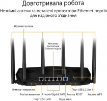 Маршрутизатор ASUS TUF-AX6000 4xGE LAN 1x2.5GE LAN 1x2.5GE WAN 1xUSB3.2 MU-MIMO OFDMA MESH gaming AURA RGB 90IG07X0-MO3C00