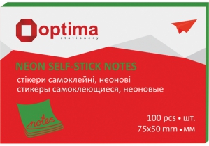 Блок для нотаток з клейким шаром 75х50 мм Optima, 100 арк., неон салатовий O25512-13