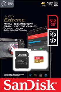 Карта памяти SanDisk microSD  512GB C10 UHS-I U3 R190/W130MB/s Extreme V30 + SD SDSQXAV-512G-GN6MA