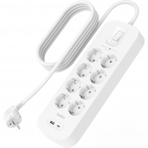 Удлинитель-фильтр сетевой Belkin 8хТип F, 3x1.5мм кв, 16А, USB-A/USB-C 18Вт, защитой от перенапряжения, 2м, белый SRB003VF2M