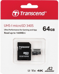 Карта памяти Transcend microSD  64GB C10 UHS-I U3 A2 R160/W80MB/s + SD TS64GUSD340S