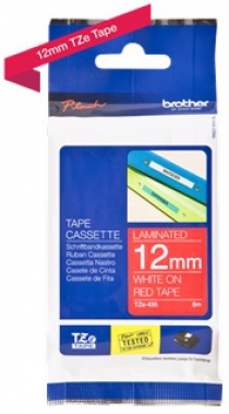 Стрічка Brother 12mm Laminated, білим по червоному TZE435